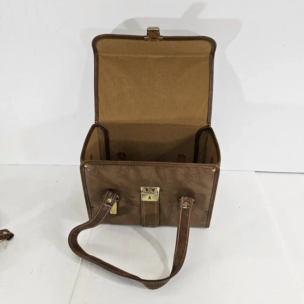 Vintage Brown Leather Camera Case Hard Shell Retro Travel Bag w/ Strap